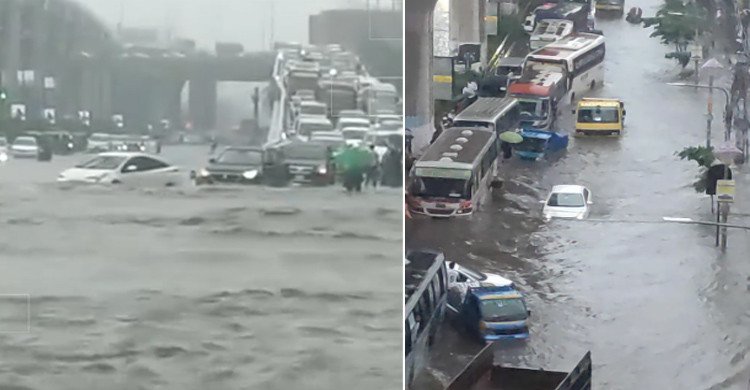 ভারী বৃষ্টিতে পানিতে ডুবে আছে রাজধানীর রাস্তা, পুলিশের জরুরি বার্তা